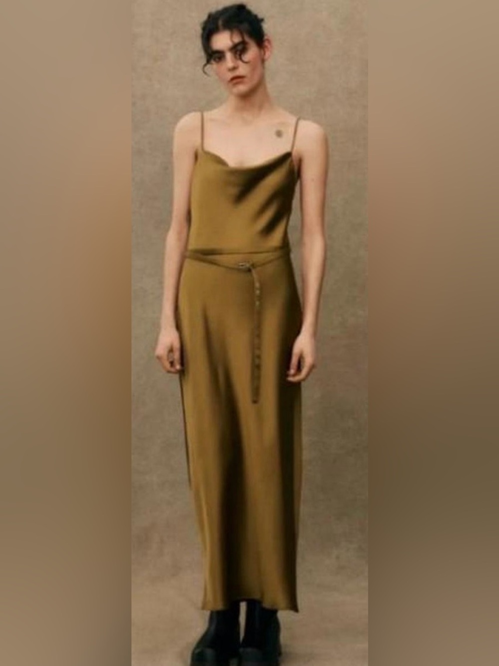 Zara the most beautiful Satin Slip Maxi Dress in Olive/ size small